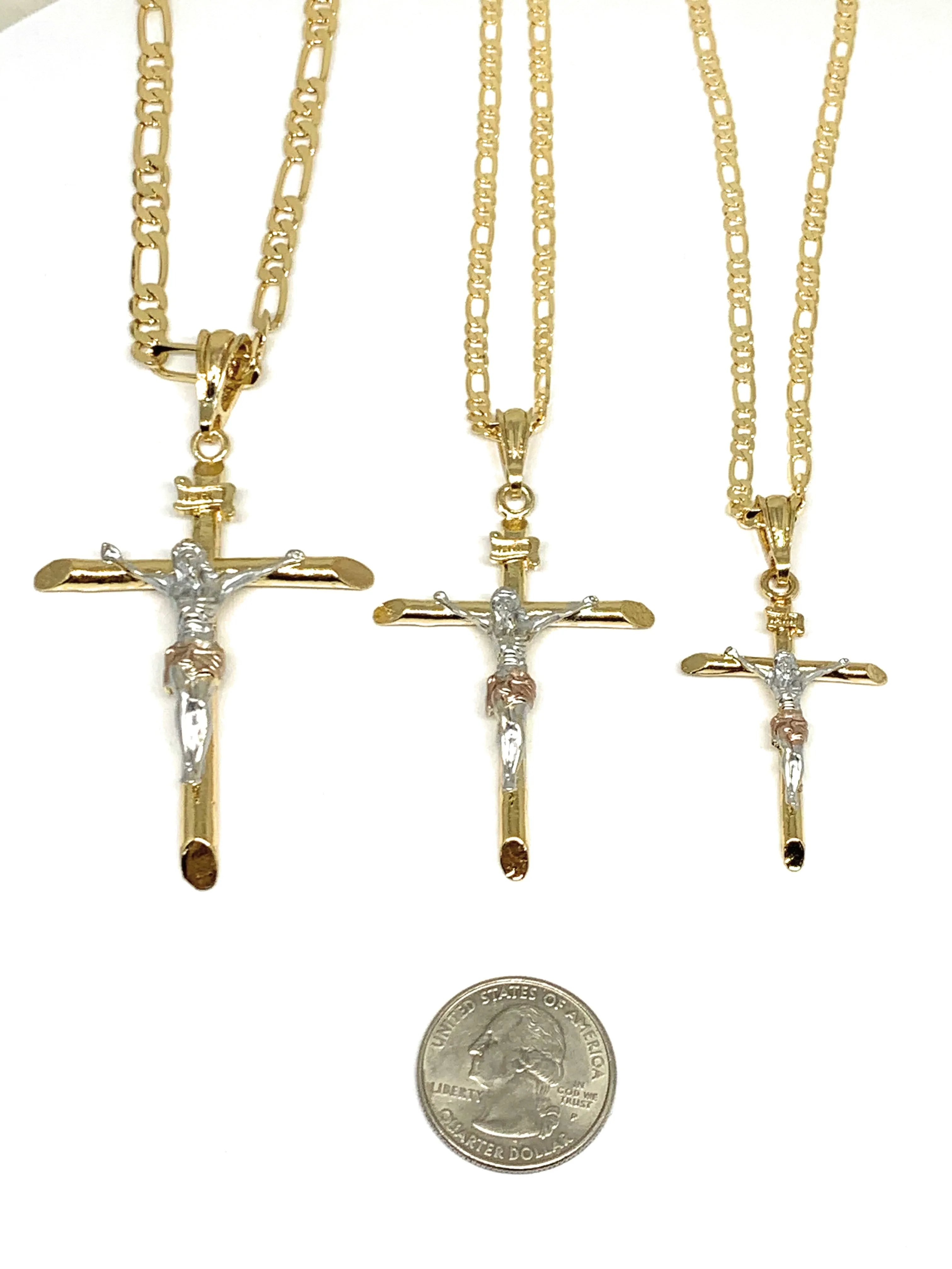 Gold Plated Tri-Color Classic INRI Cross Jesus Crucifix 24 Chain Cruz Crucifijo (SM,MED,LG)