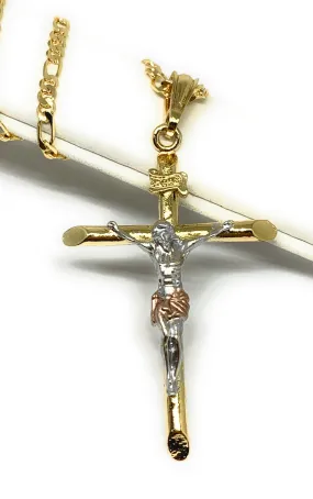 Gold Plated Tri-Color Classic INRI Cross Jesus Crucifix 24 Chain Cruz Crucifijo (SM,MED,LG)