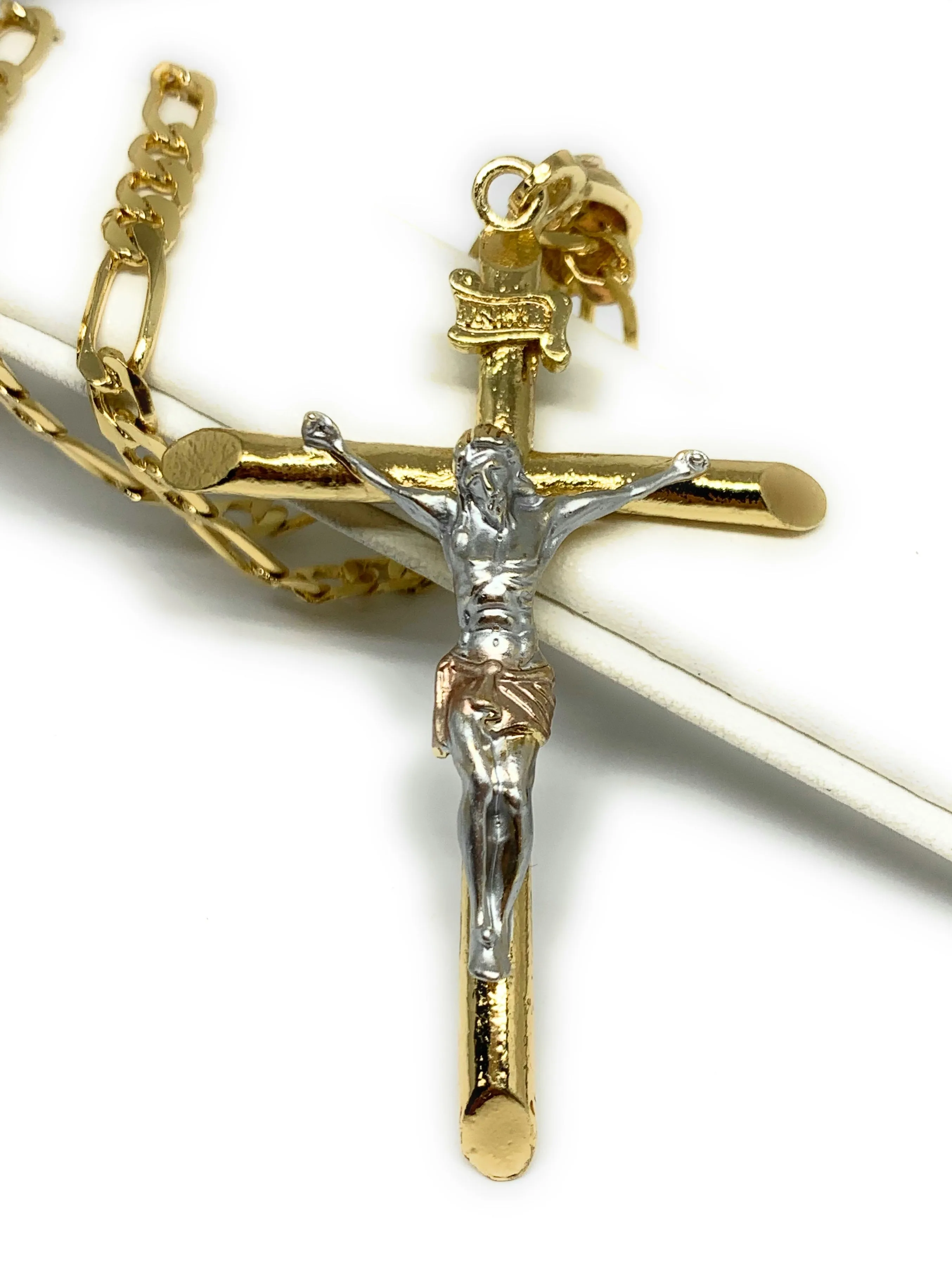 Gold Plated Tri-Color Classic INRI Cross Jesus Crucifix 24 Chain Cruz Crucifijo (SM,MED,LG)