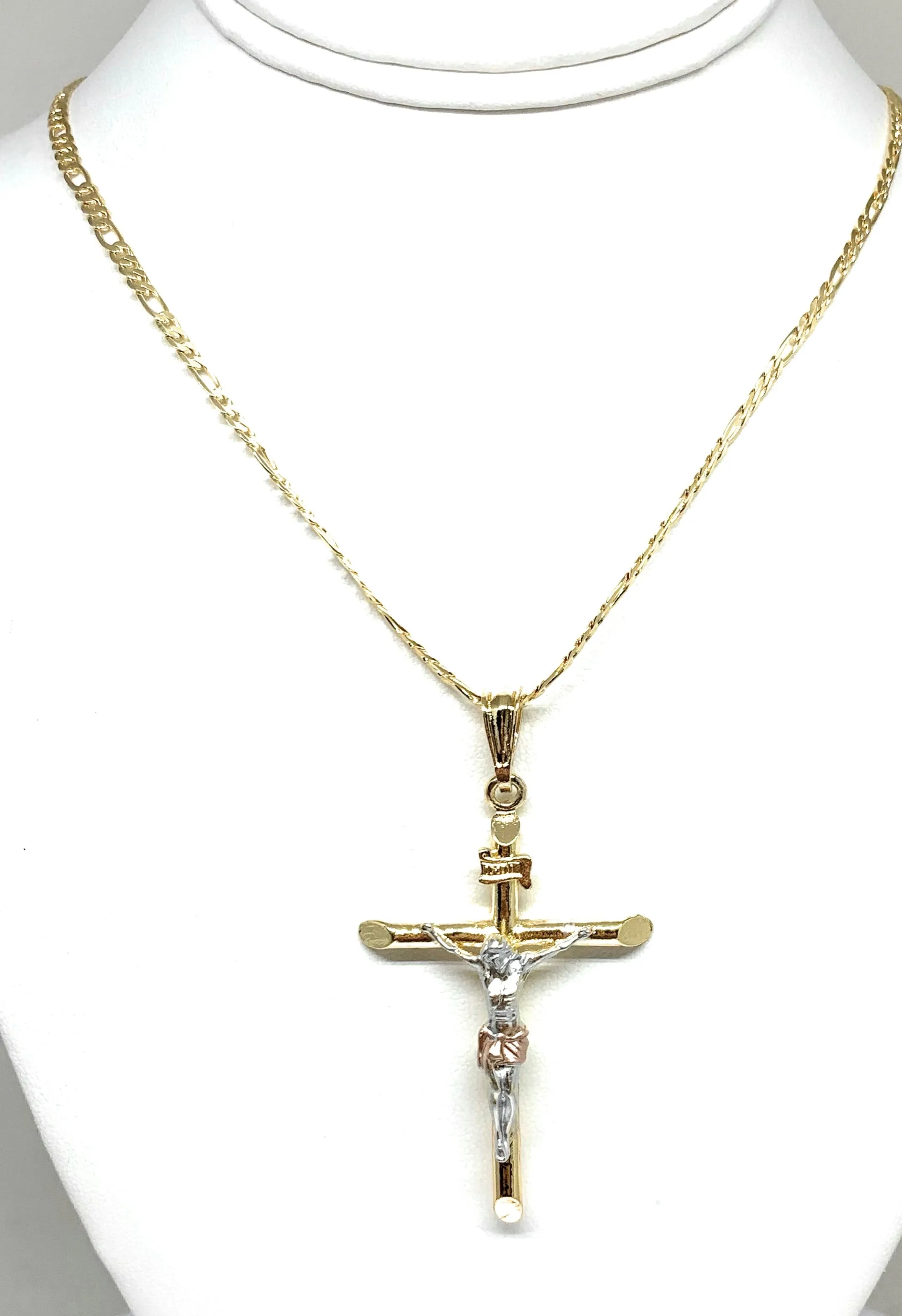 Gold Plated Tri-Color Classic INRI Cross Jesus Crucifix 24 Chain Cruz Crucifijo (SM,MED,LG)