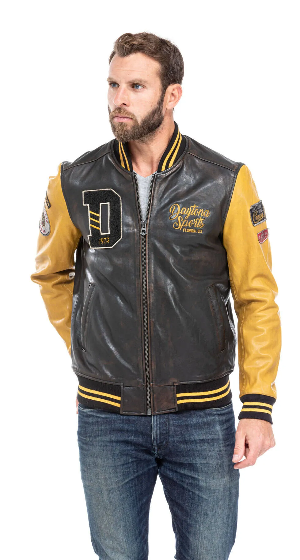 Jacket leather man black and yellow style teddy 101489