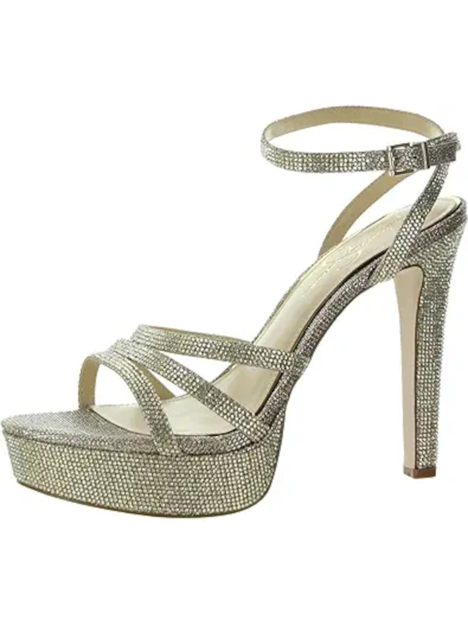 JESSICA SIMPSON Womens Gold Embellished 1-1/2 Platform Padded Ankle Strap Goring Balina Almond Toe Stiletto Buckle Dress Heeled 