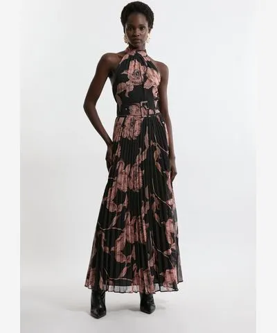 Karen Millen Floral Belted Pleated Midi Woven Dress