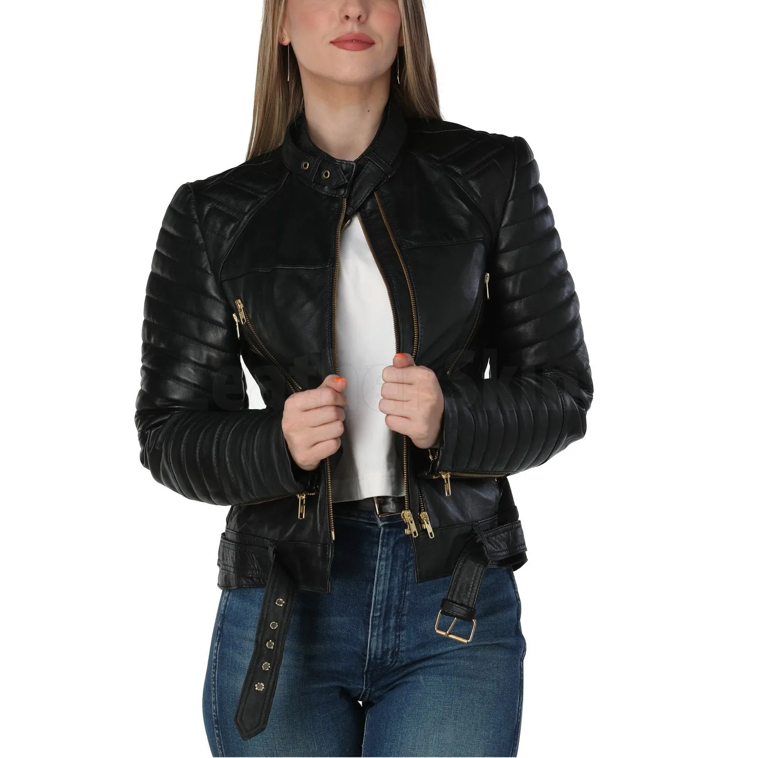 Katherine Black Belted Leather Jacket - Leather Skin Shop