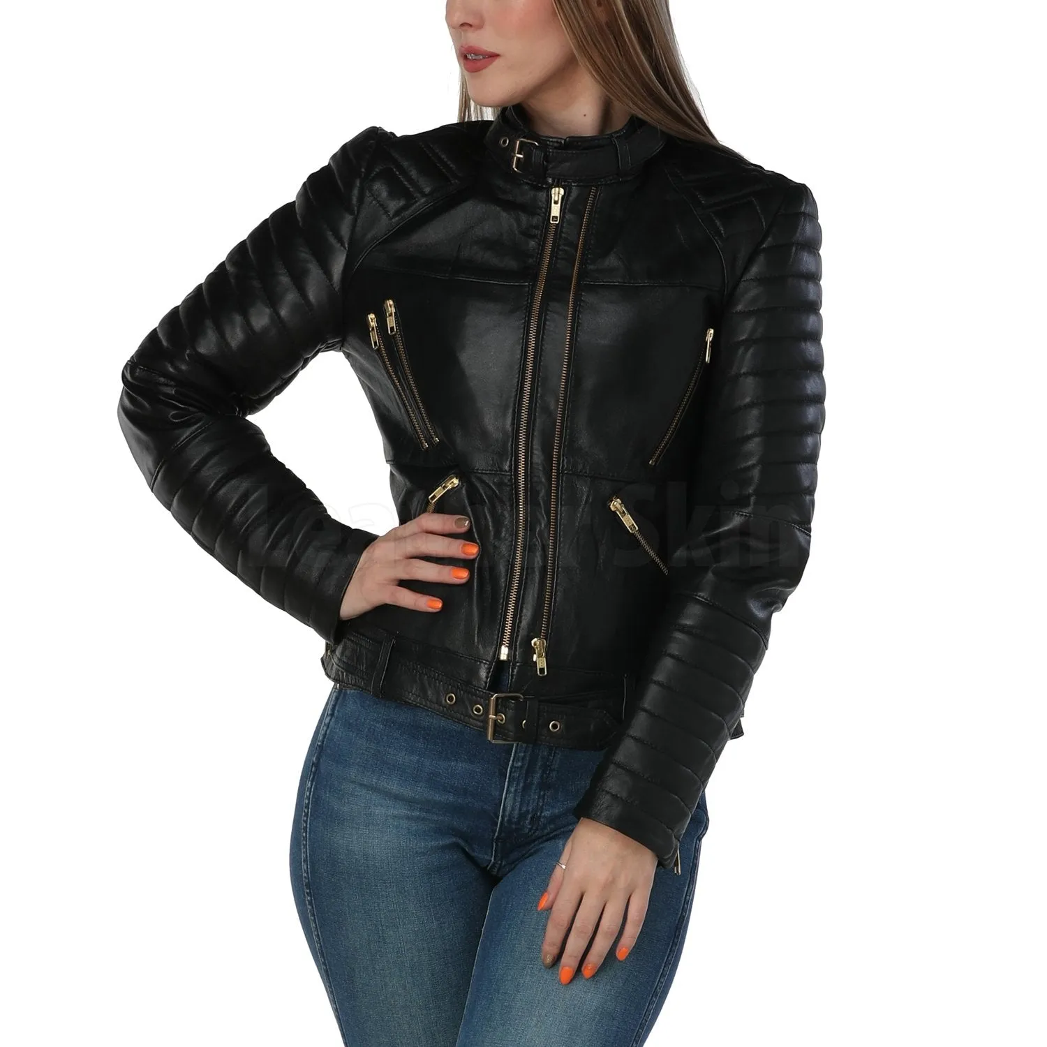 Katherine Black Belted Leather Jacket - Leather Skin Shop