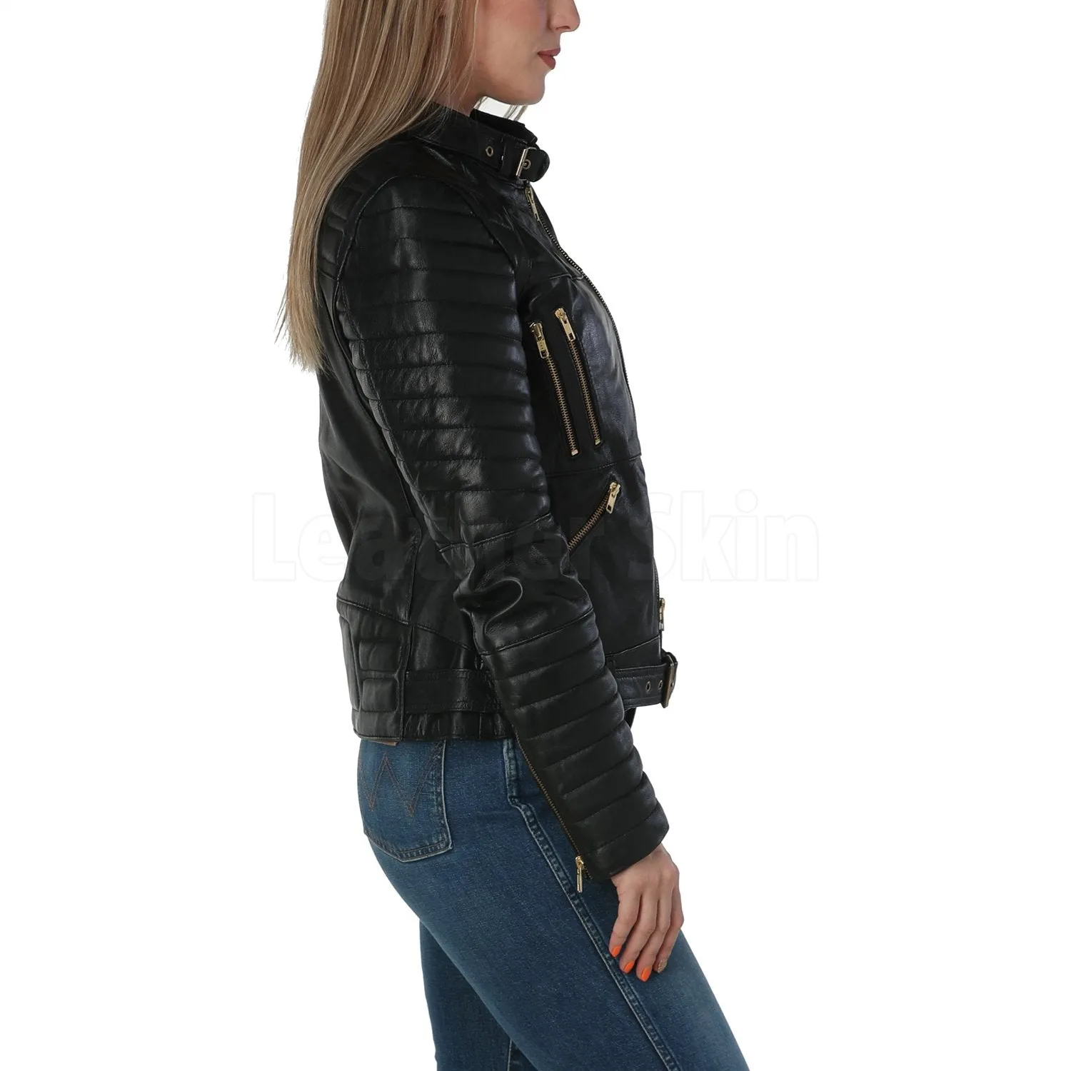 Katherine Black Belted Leather Jacket - Leather Skin Shop