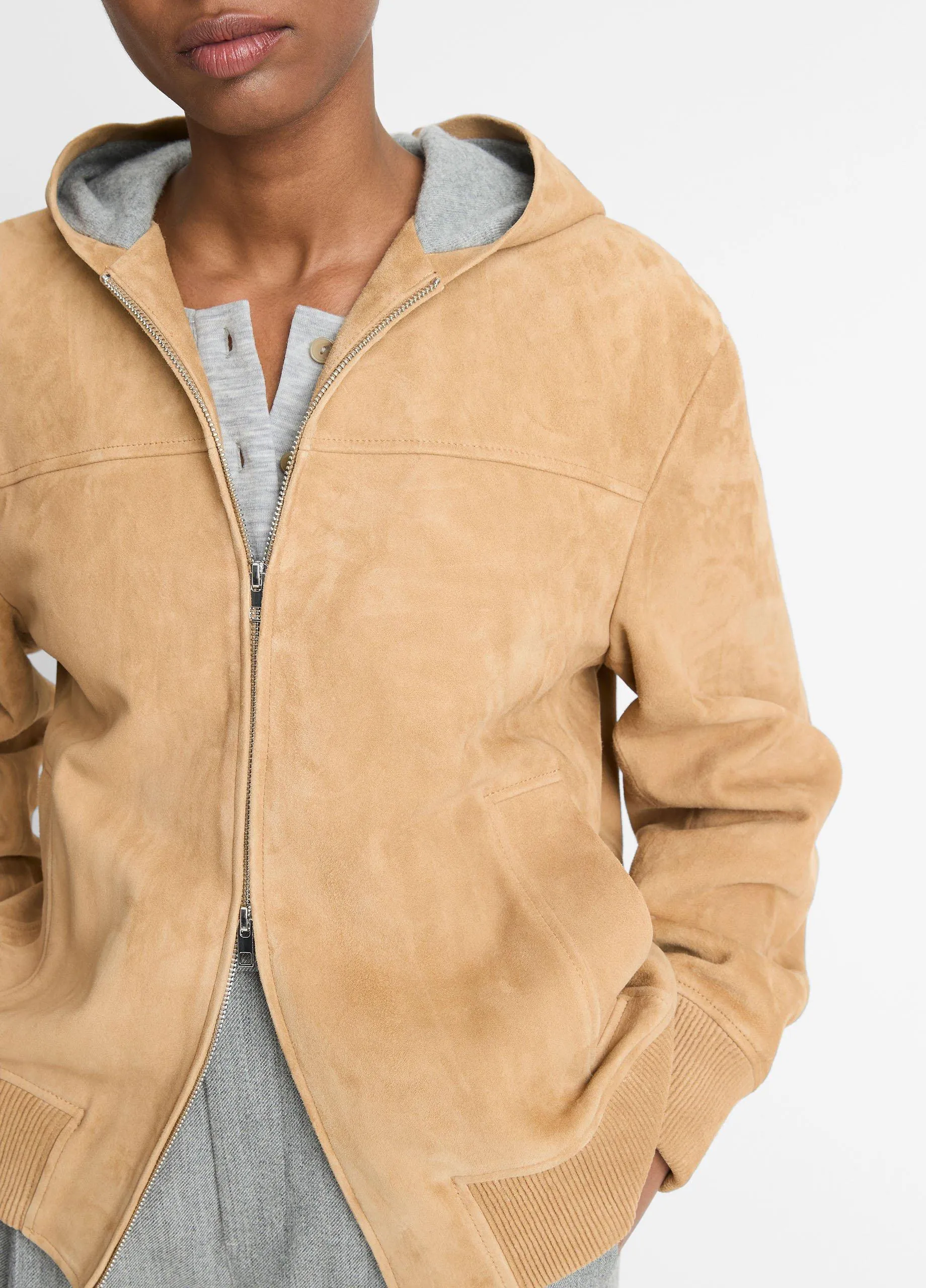 Knit-Lined Suede Hoodie