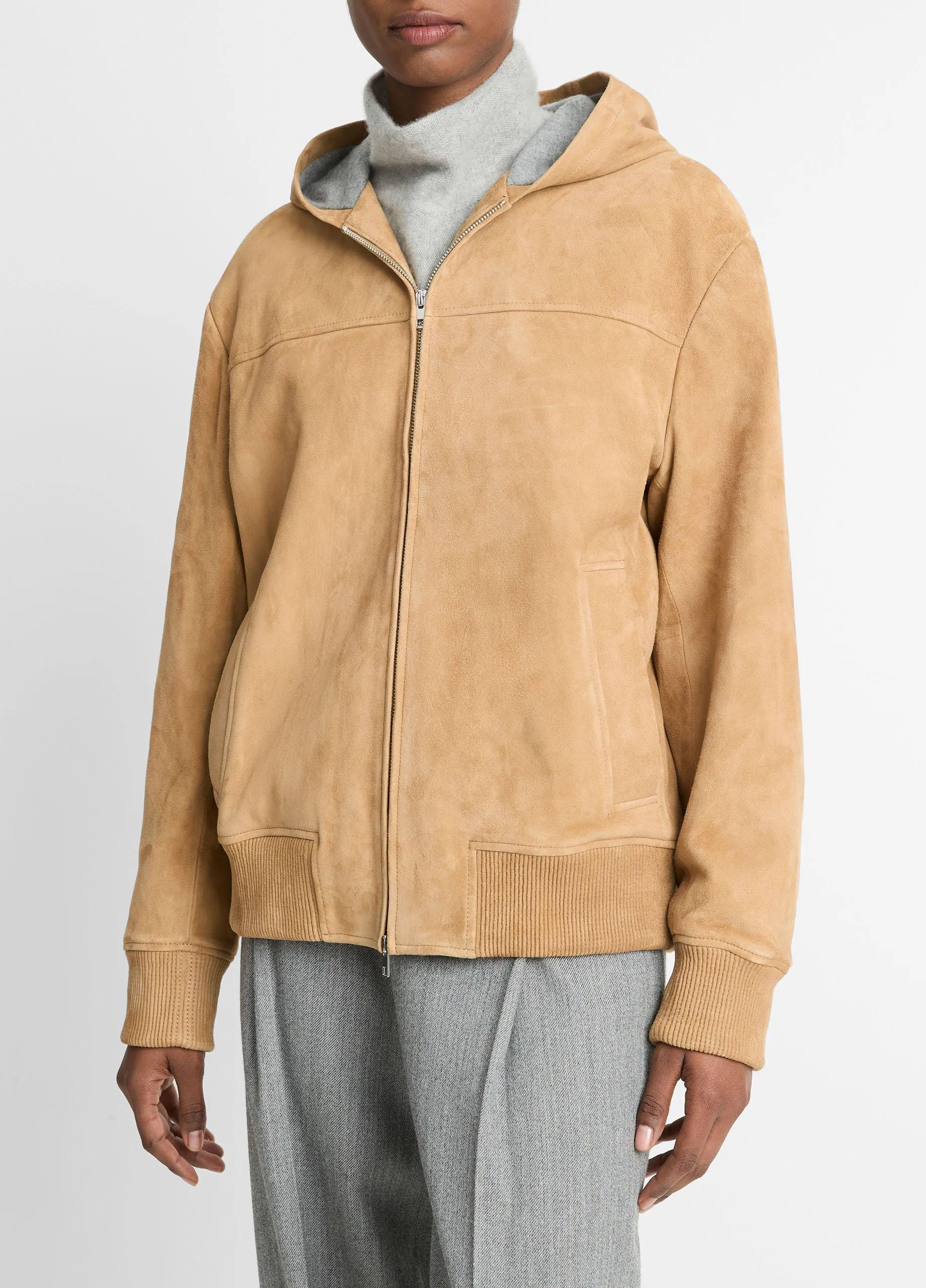 Knit-Lined Suede Hoodie