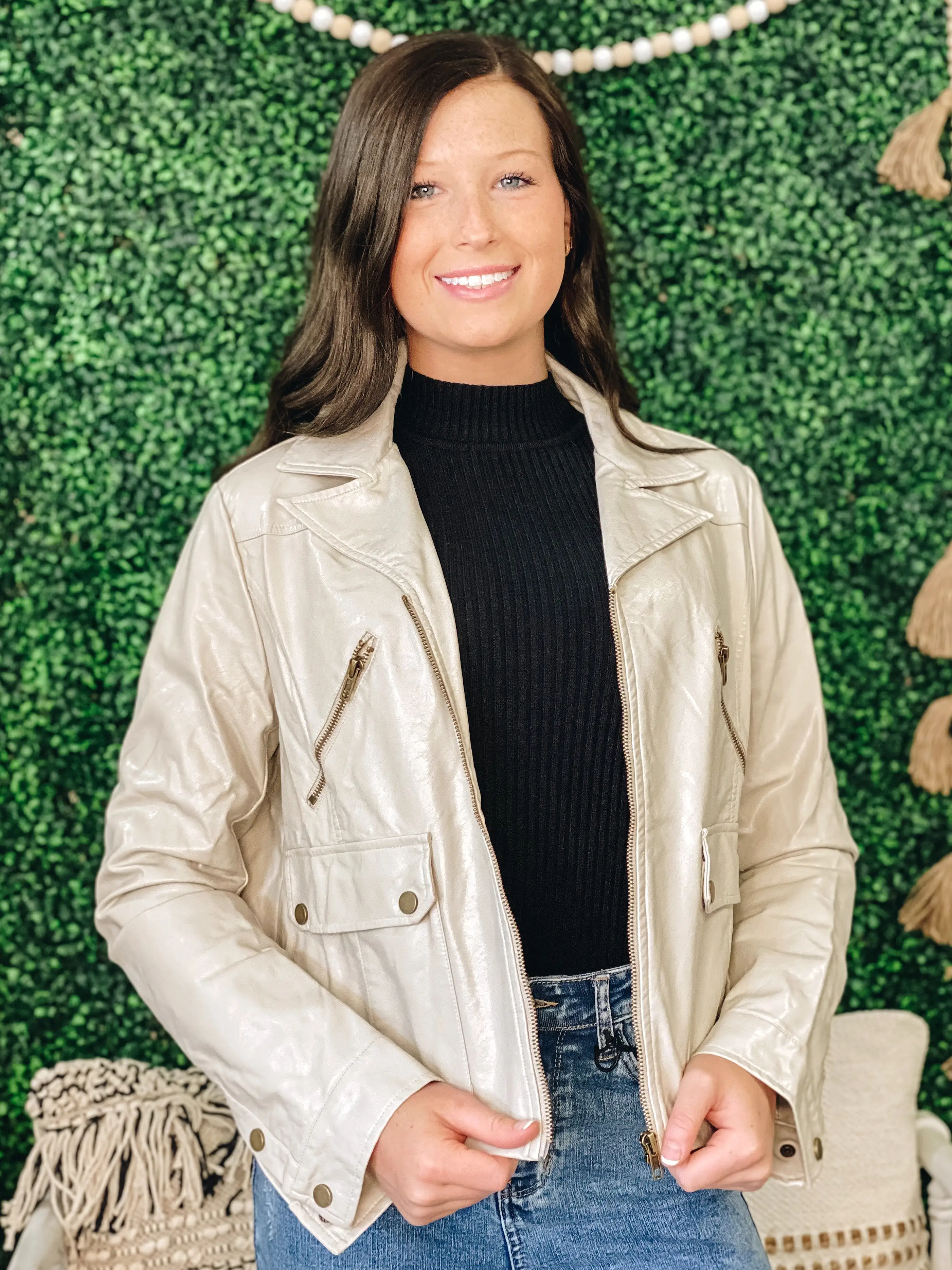 Lyric Khaki Faux Leather Biker Jacket