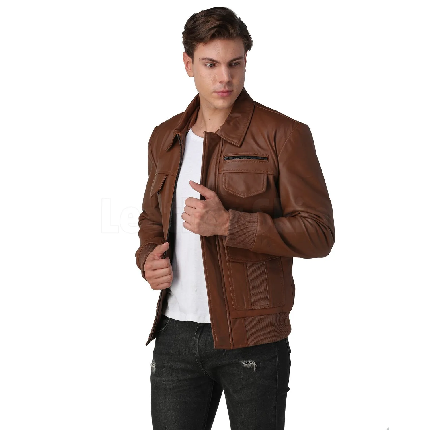 Men's Brown Bomber Leather Jacket - Leather Skin Shop