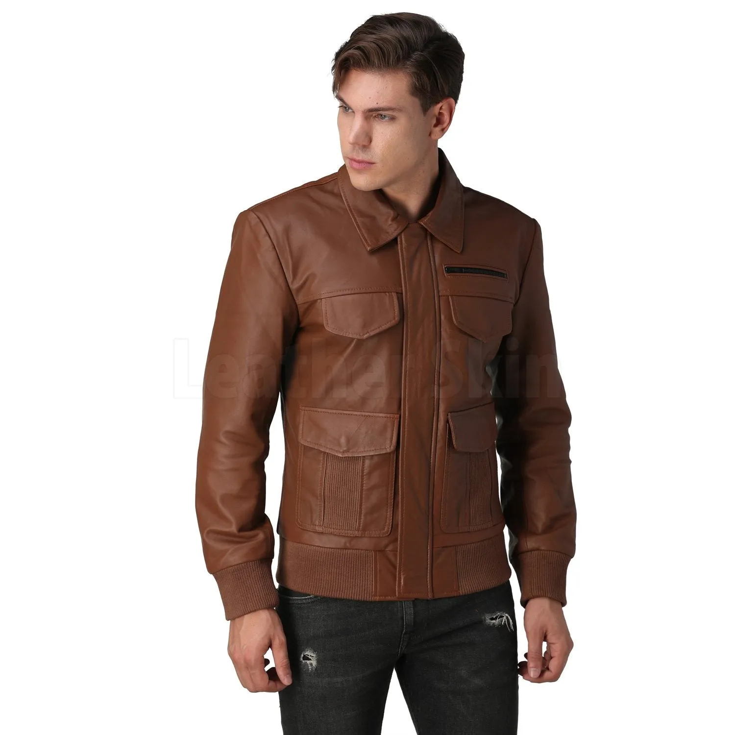 Men's Brown Bomber Leather Jacket - Leather Skin Shop