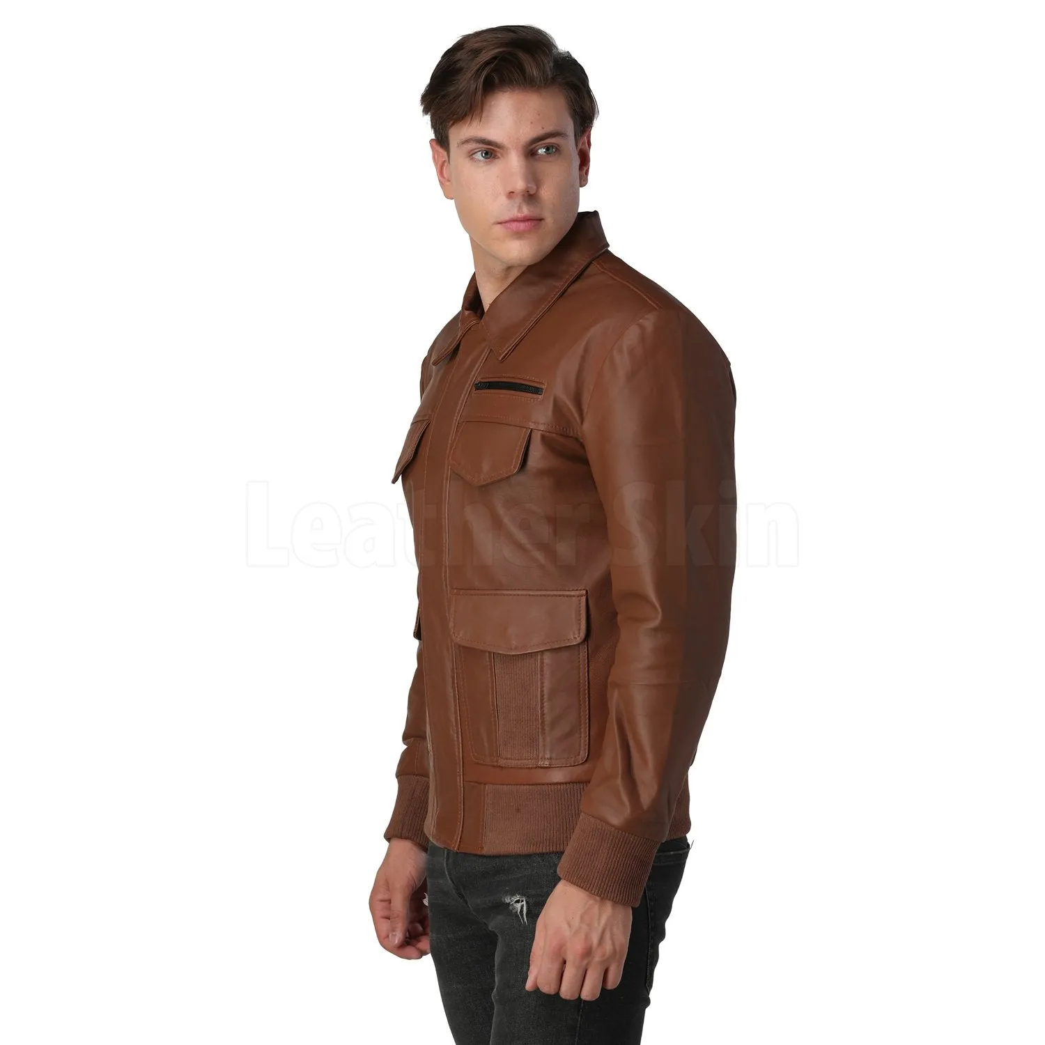 Men's Brown Bomber Leather Jacket - Leather Skin Shop