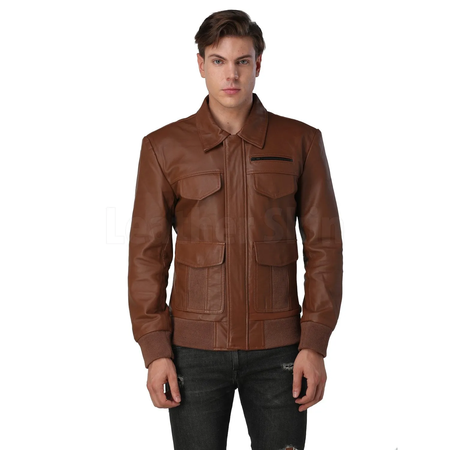 Men's Brown Bomber Leather Jacket - Leather Skin Shop