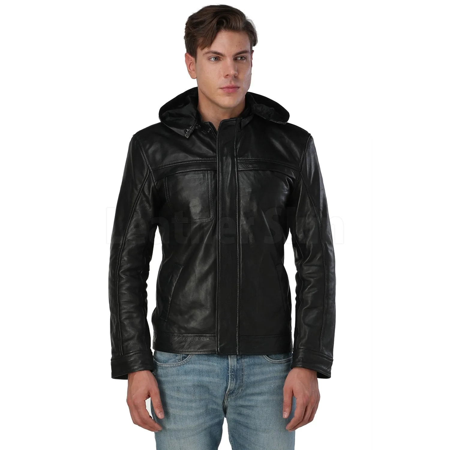 Men’s Black Hooded Leather Jacket - Leather Skin Shop