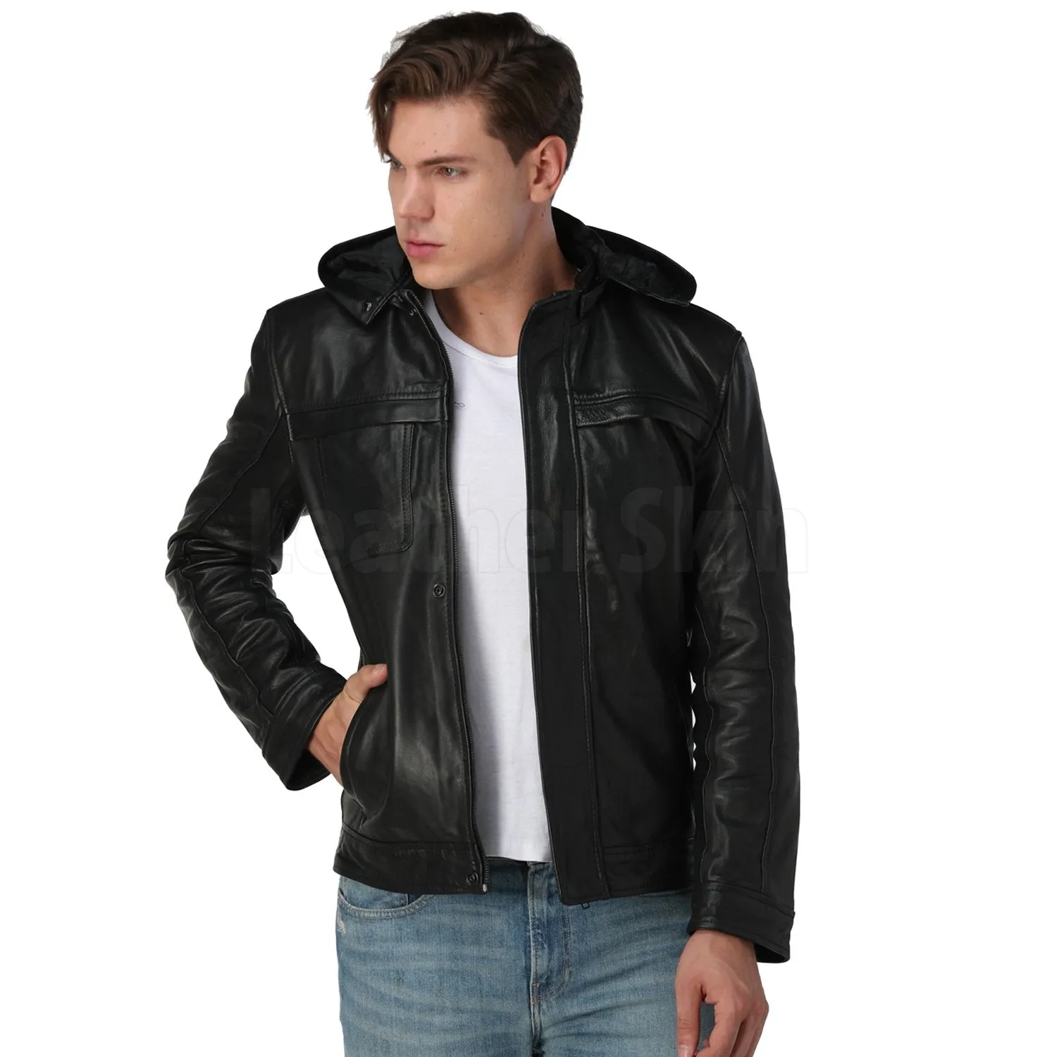 Men’s Black Hooded Leather Jacket - Leather Skin Shop