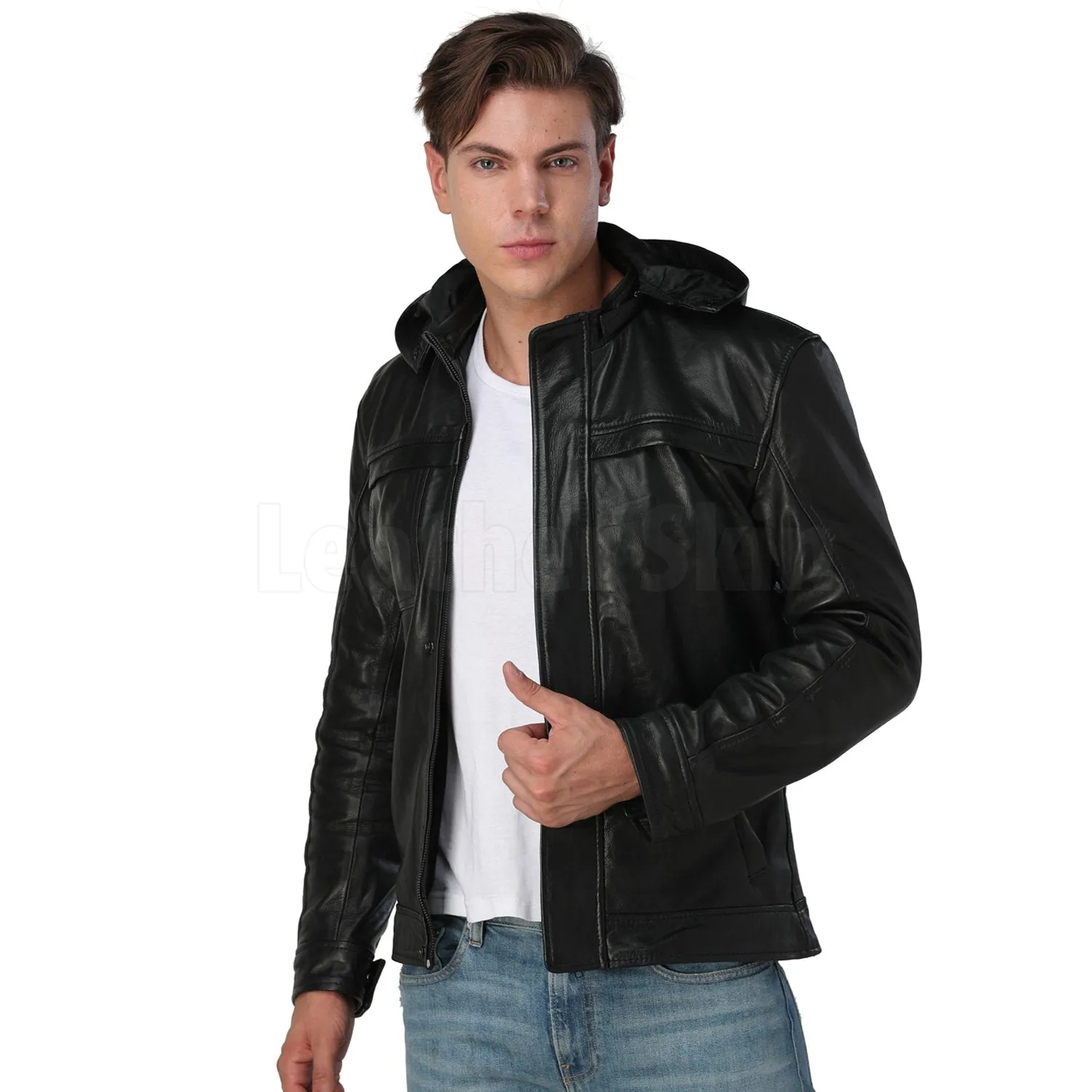 Men’s Black Hooded Leather Jacket - Leather Skin Shop