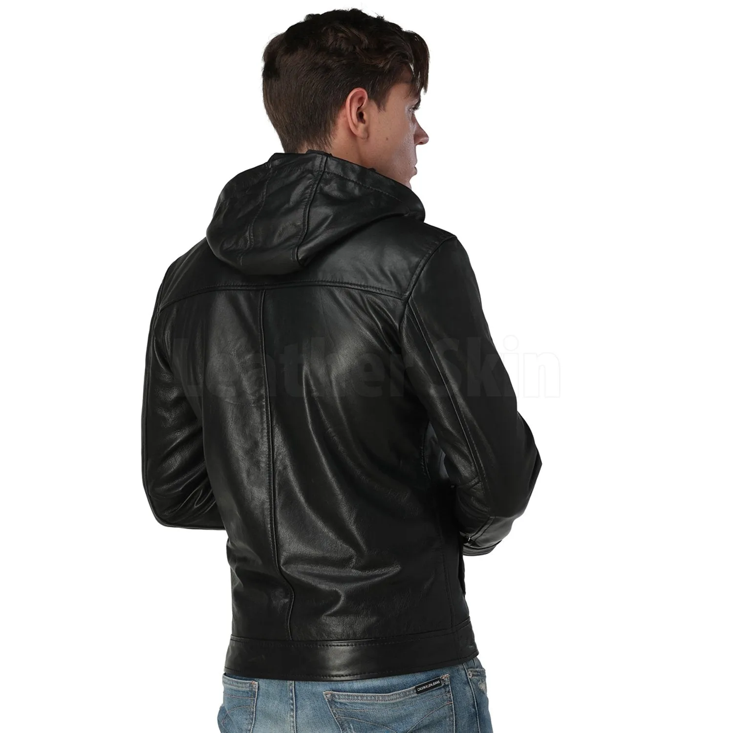 Men’s Black Hooded Leather Jacket - Leather Skin Shop