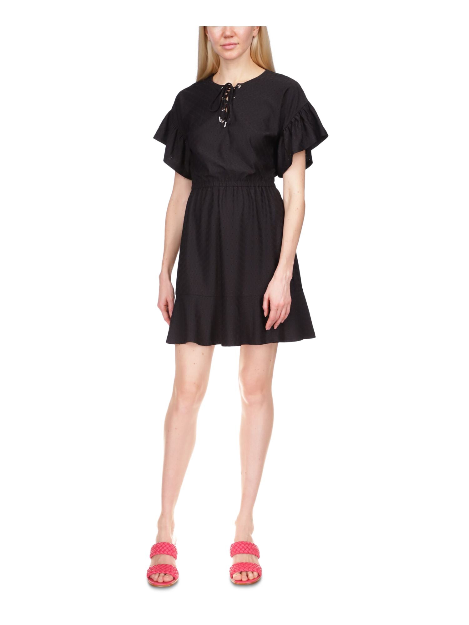 MICHAEL KORS Womens Black Ruffled Lace-up Elastic Waist Lined Flutter Sleeve Crew Neck Mini Fit + Flare Dress