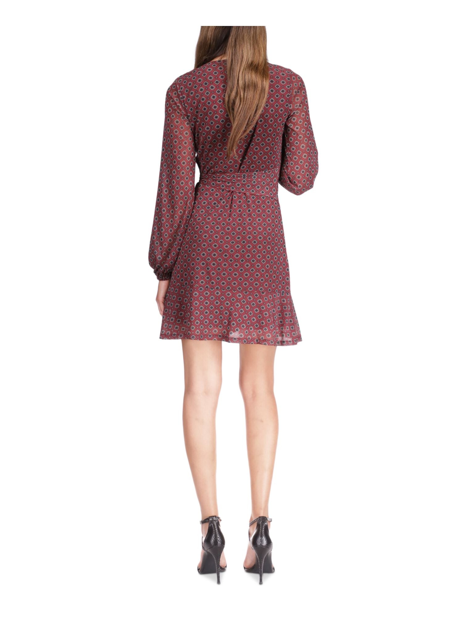 MICHAEL KORS Womens Burgundy Lined Tie Button Keyhole Pullover Long Sleeve Jewel Neck Mini Party Faux Wrap Dress