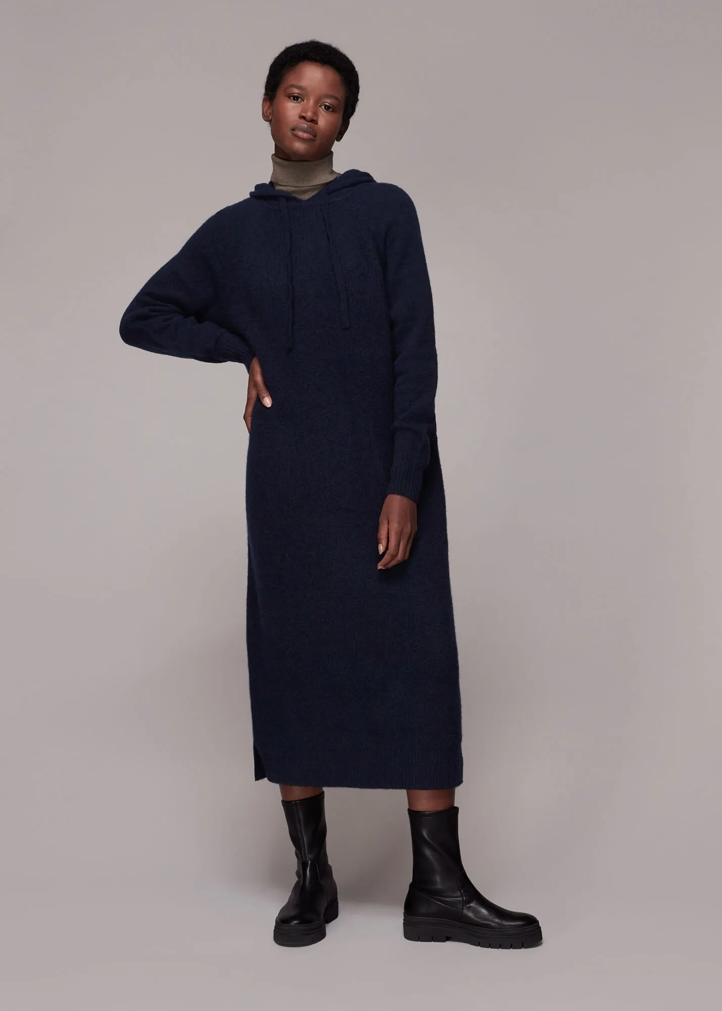 Navy Knitted Hoodie Dress