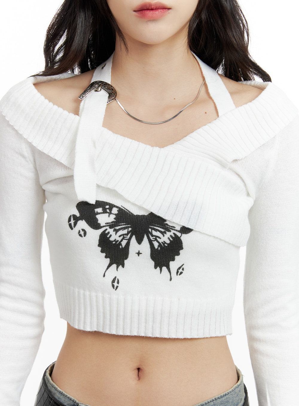 Off Shoulder Buckle Halter Crop Sweater CF415