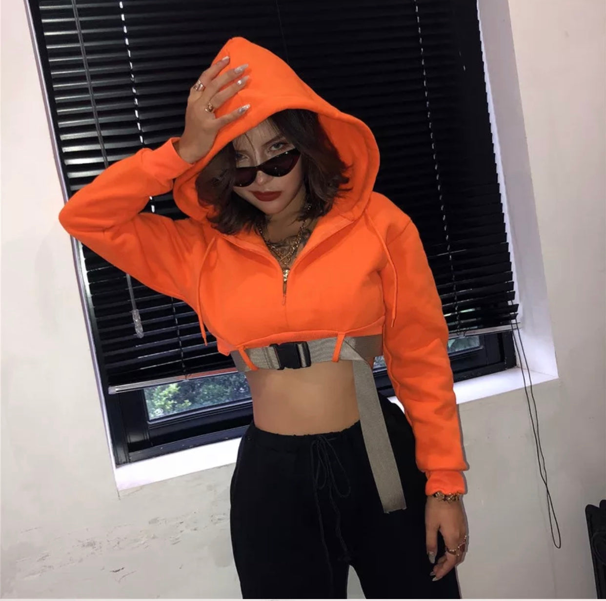 Orange Buckled Cropped Sweater