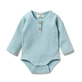 Organic Waffle Henley Bodysuit, Mint Fleck