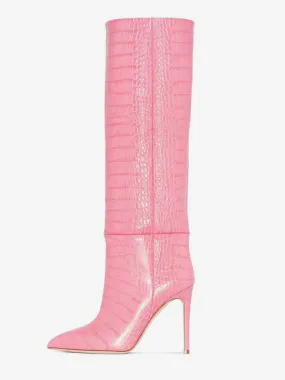 Pink Knee High Boots Croc Pattern Pointed Toe High Heel Boots