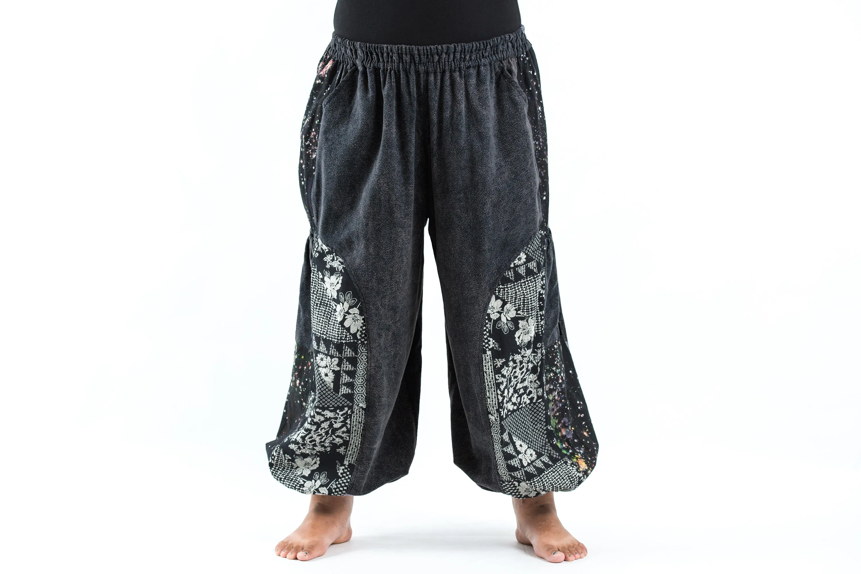 Plus Size Stone Washed Patchwork Women Unisex Pants in Black