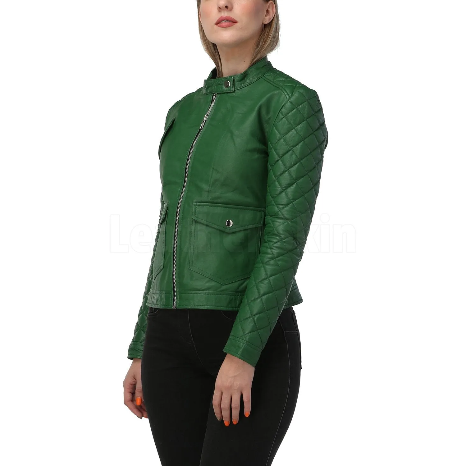 Quilted Sleeves Green Bomber Leather Jacket - Leather Skin Shop