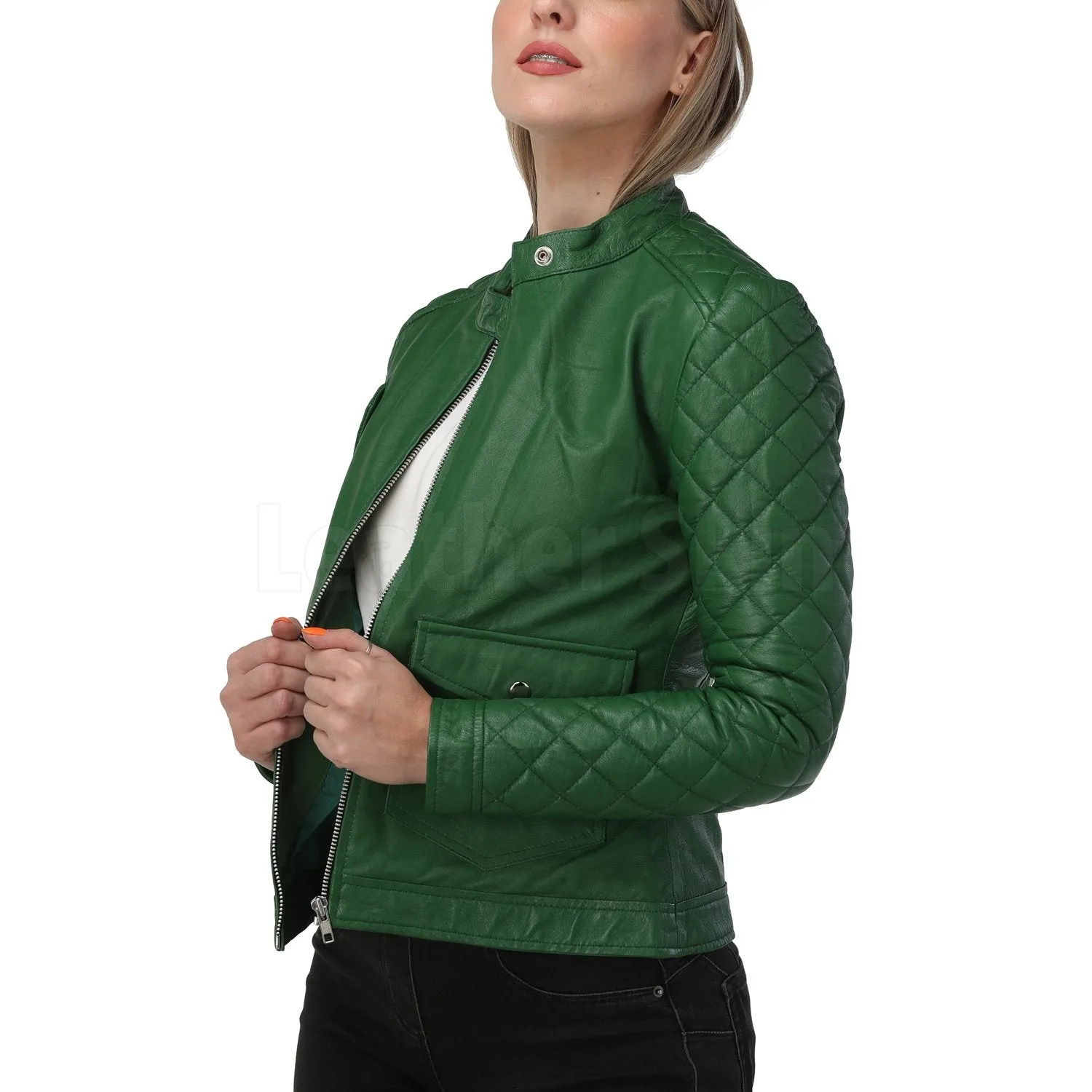 Quilted Sleeves Green Bomber Leather Jacket - Leather Skin Shop