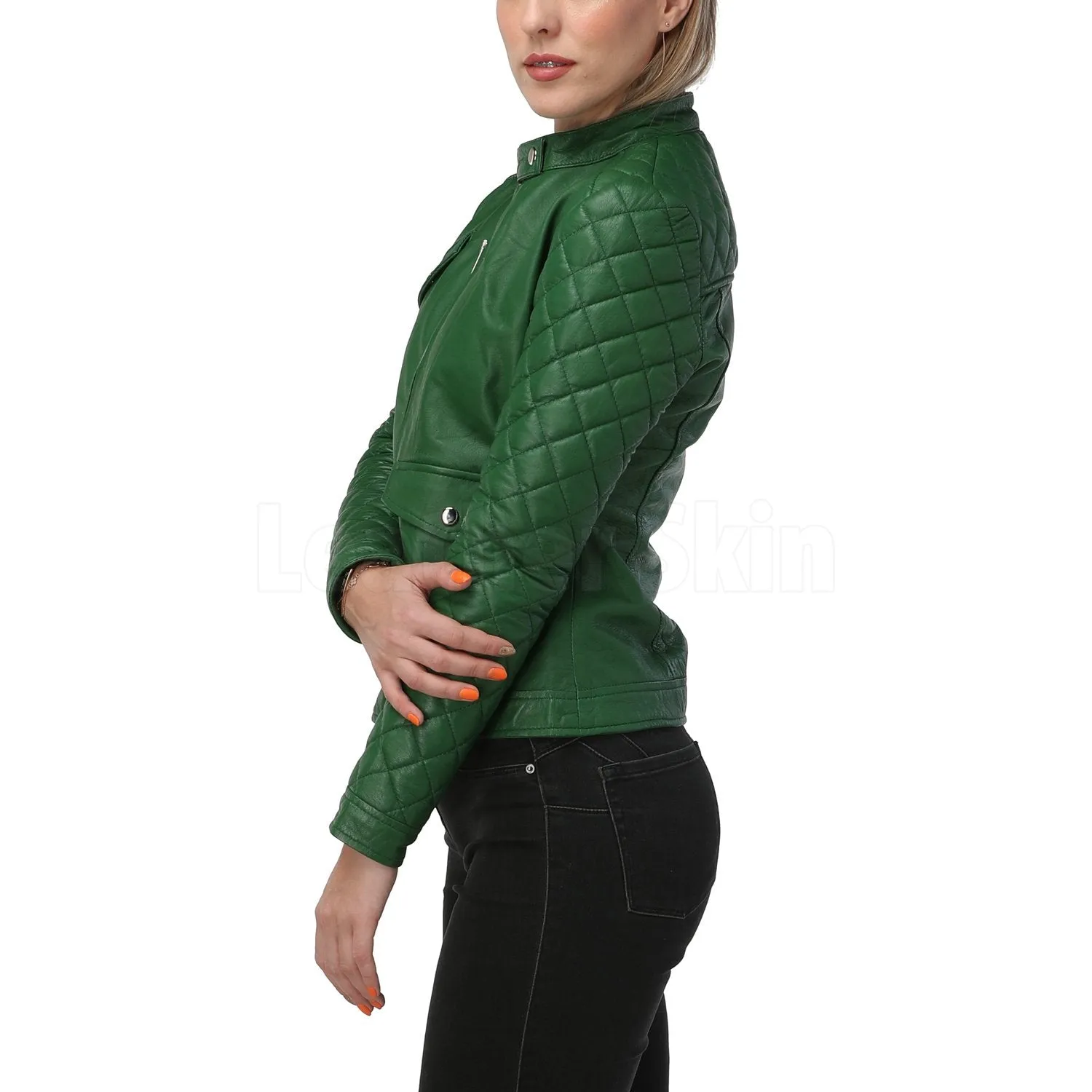 Quilted Sleeves Green Bomber Leather Jacket - Leather Skin Shop