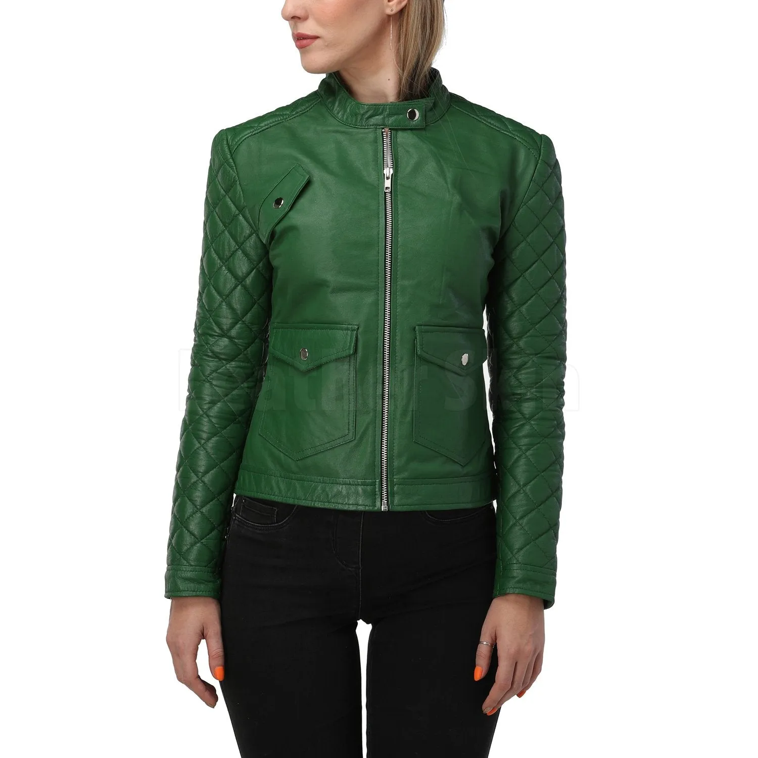 Quilted Sleeves Green Bomber Leather Jacket - Leather Skin Shop