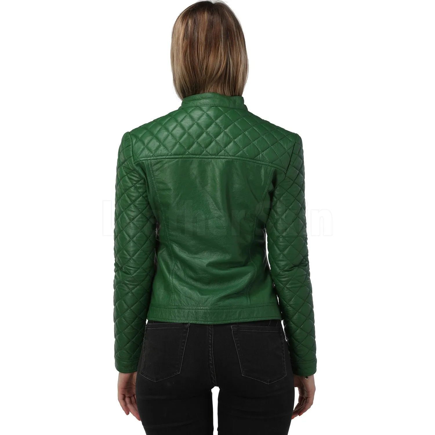 Quilted Sleeves Green Bomber Leather Jacket - Leather Skin Shop