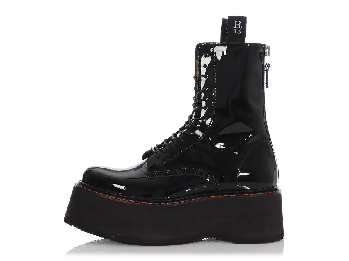 R13 Black Patent Double Stack Platform Combat Boots