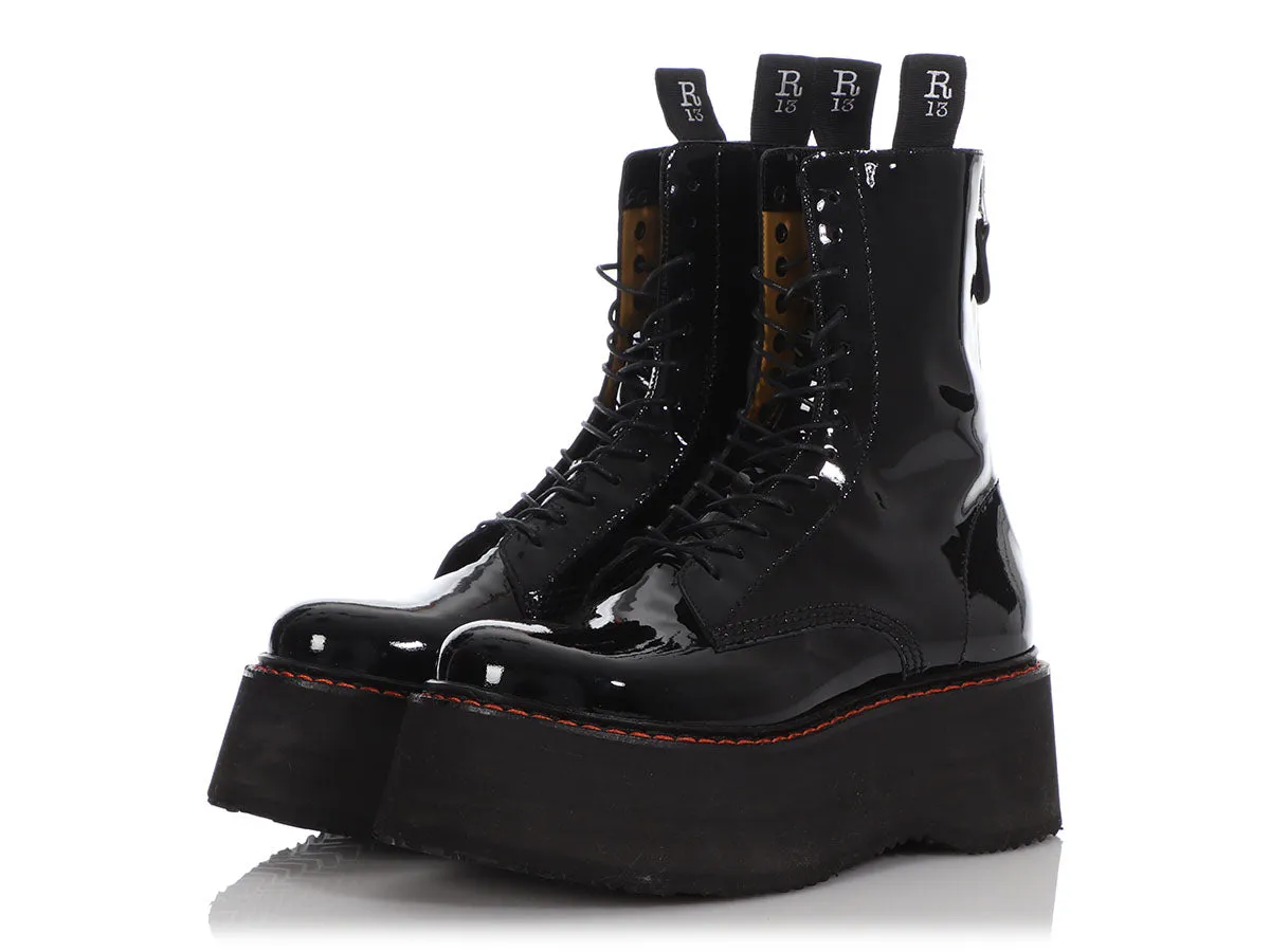 R13 Black Patent Double Stack Platform Combat Boots