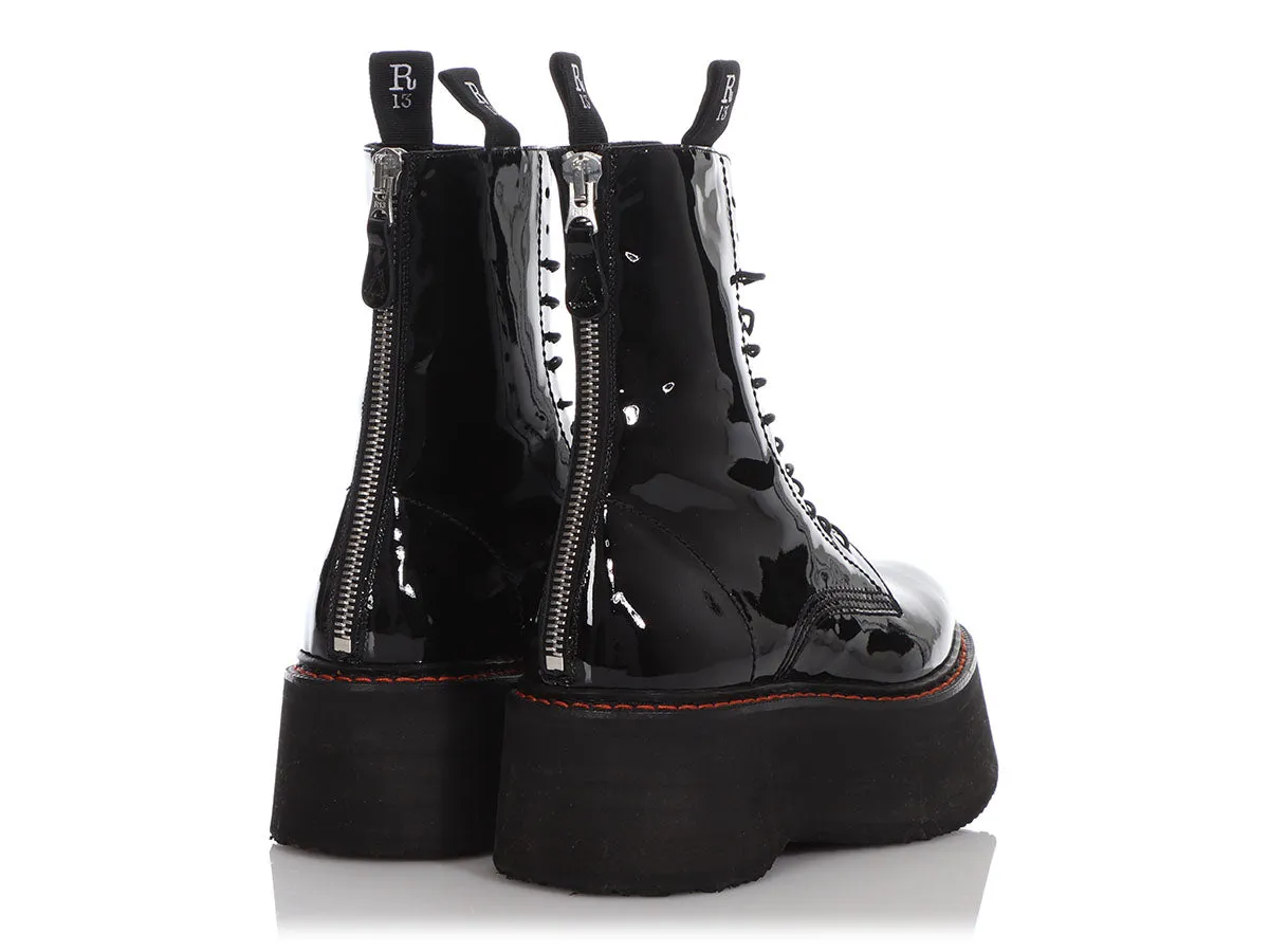 R13 Black Patent Double Stack Platform Combat Boots