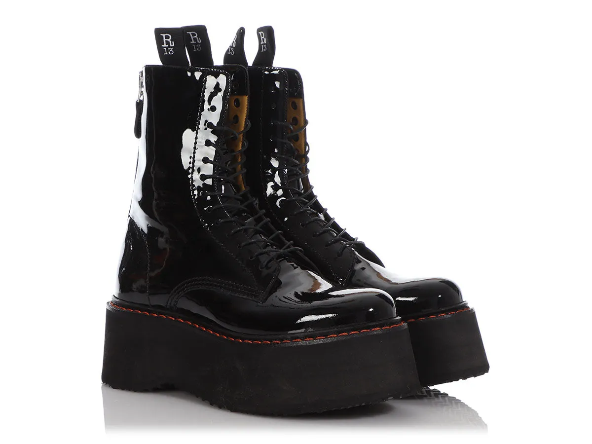 R13 Black Patent Double Stack Platform Combat Boots