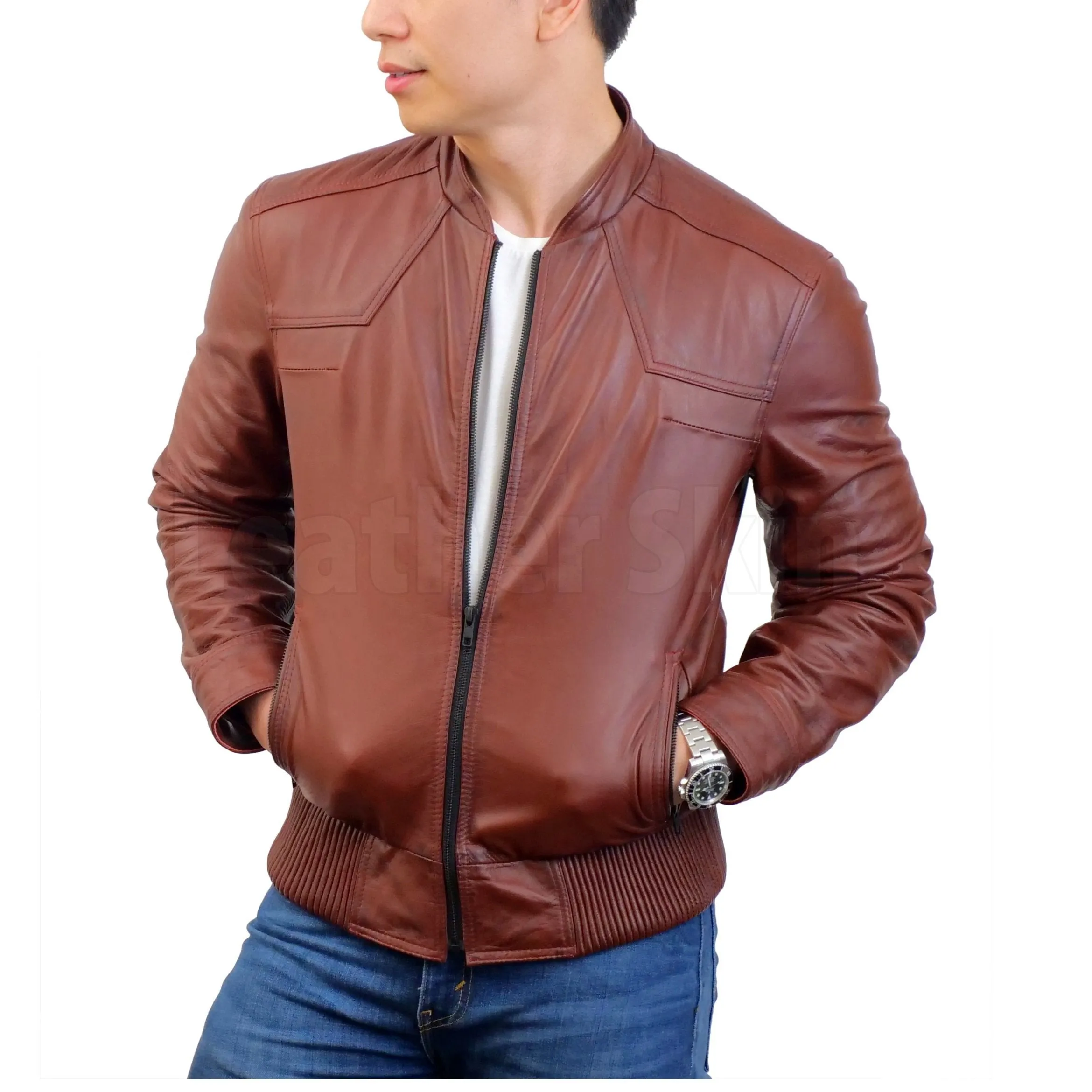 Red Maroon Leather Bomber Jacket - Leather Skin Shop