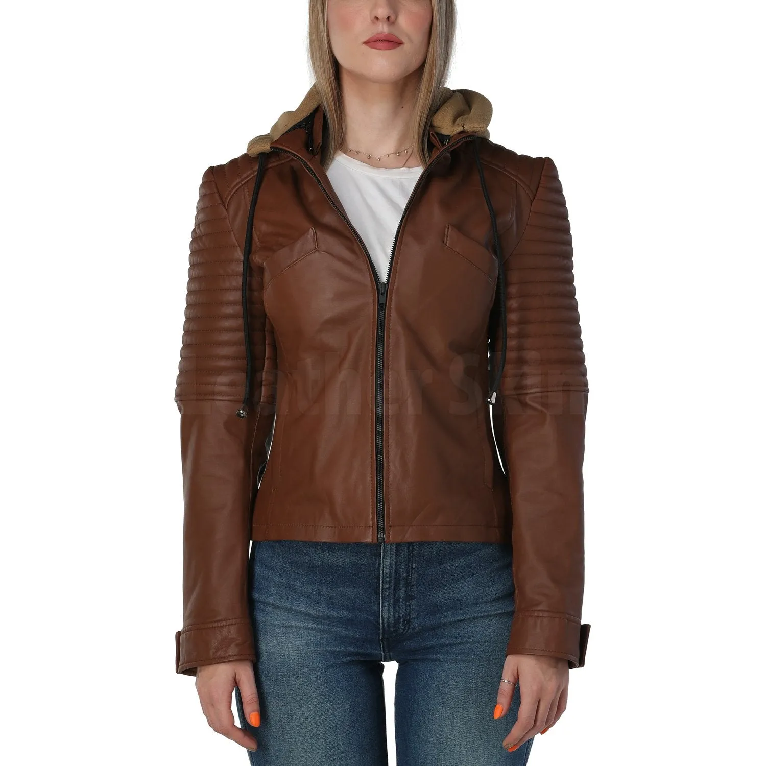 Rey Brown Hooded Leather Jacket - Leather Skin Shop