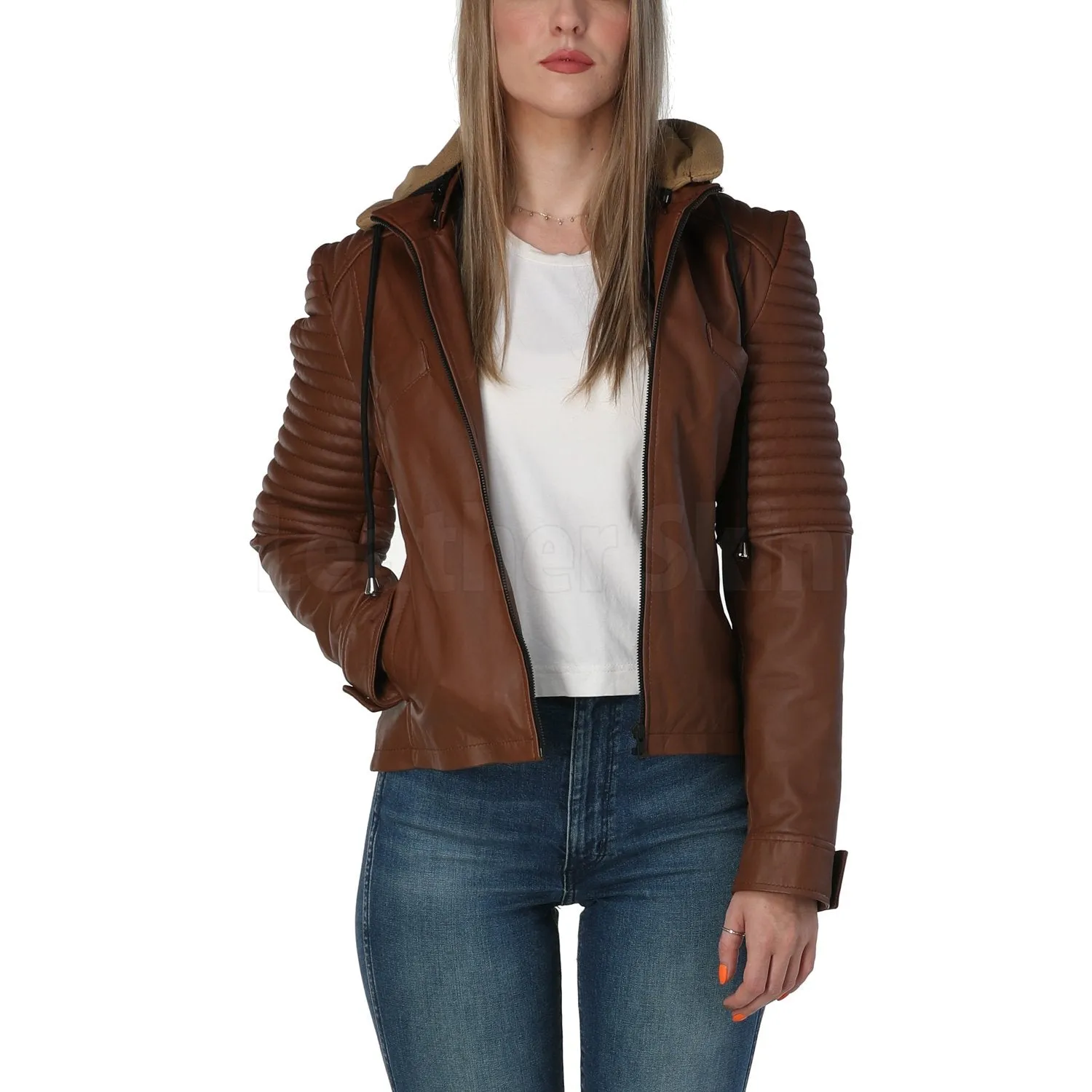 Rey Brown Hooded Leather Jacket - Leather Skin Shop