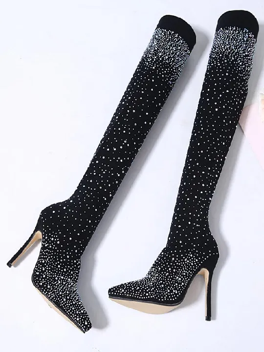 Rhinestone Pointed High Heel Over the Knee Boots