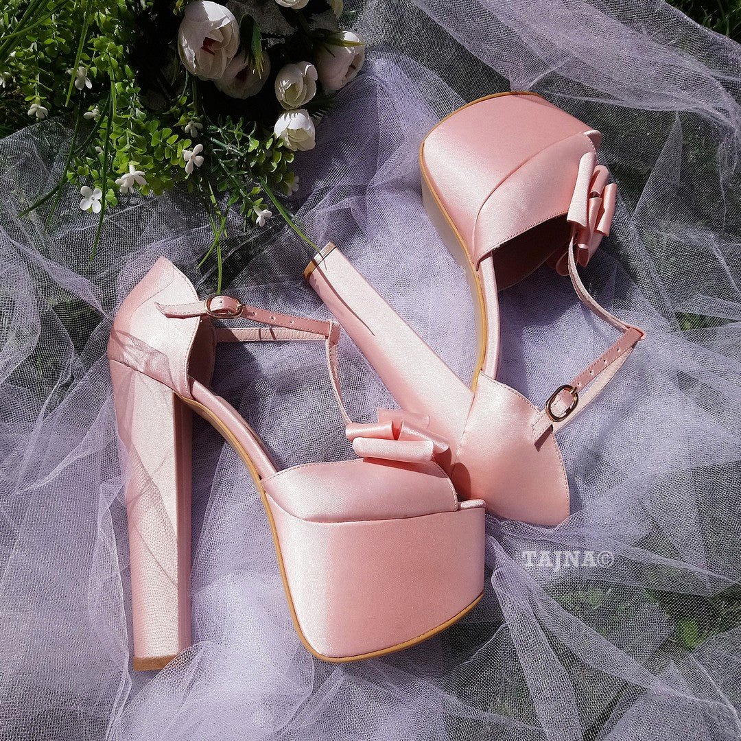 Satin Pink Chunky Heel Platform Wedding Shoes with Ribbon