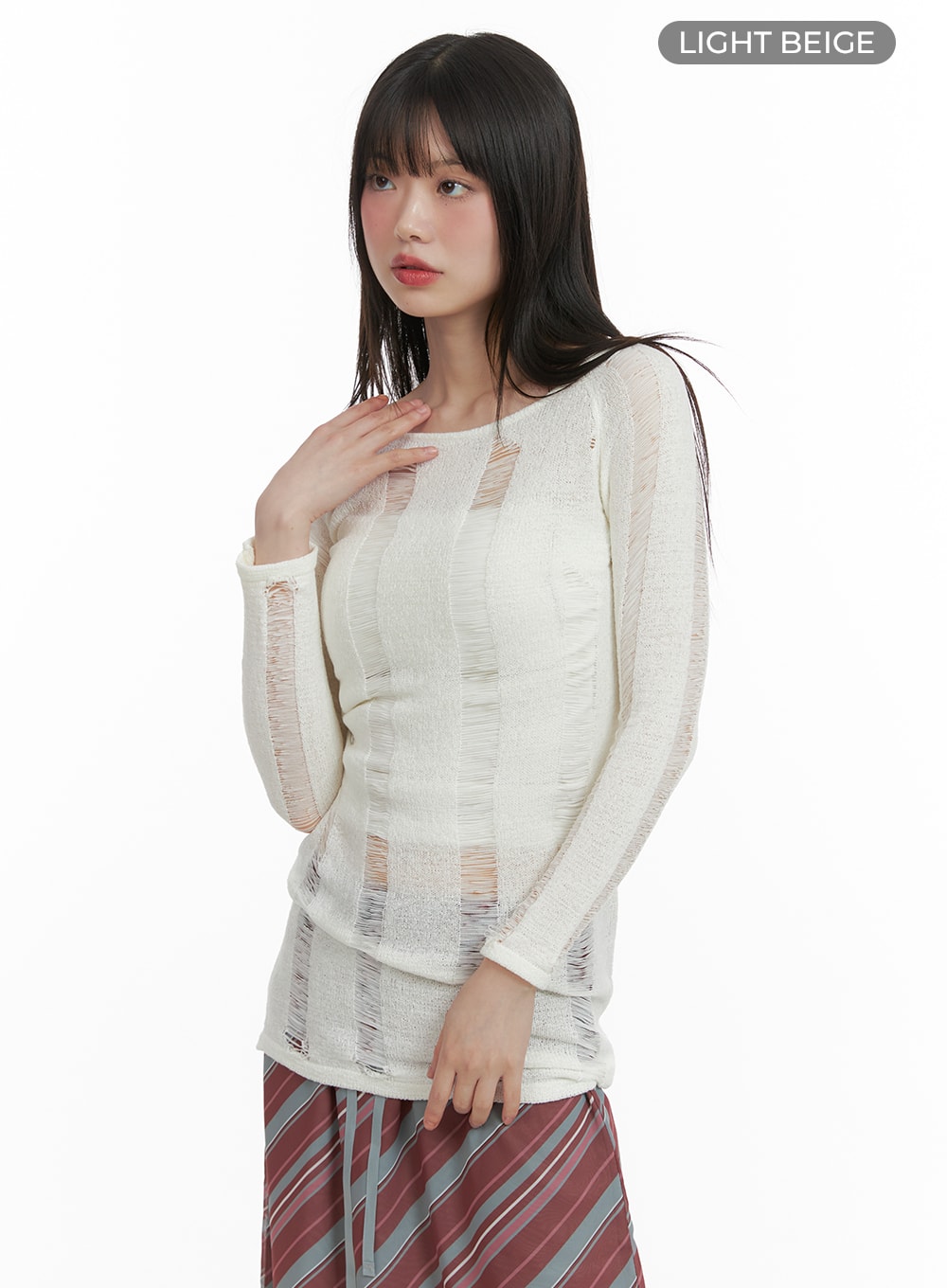 Solid Distressed Knit Long Sweater CA411