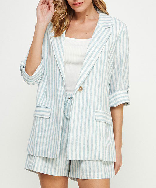 Stripe Linen Blazer - Soft Blue