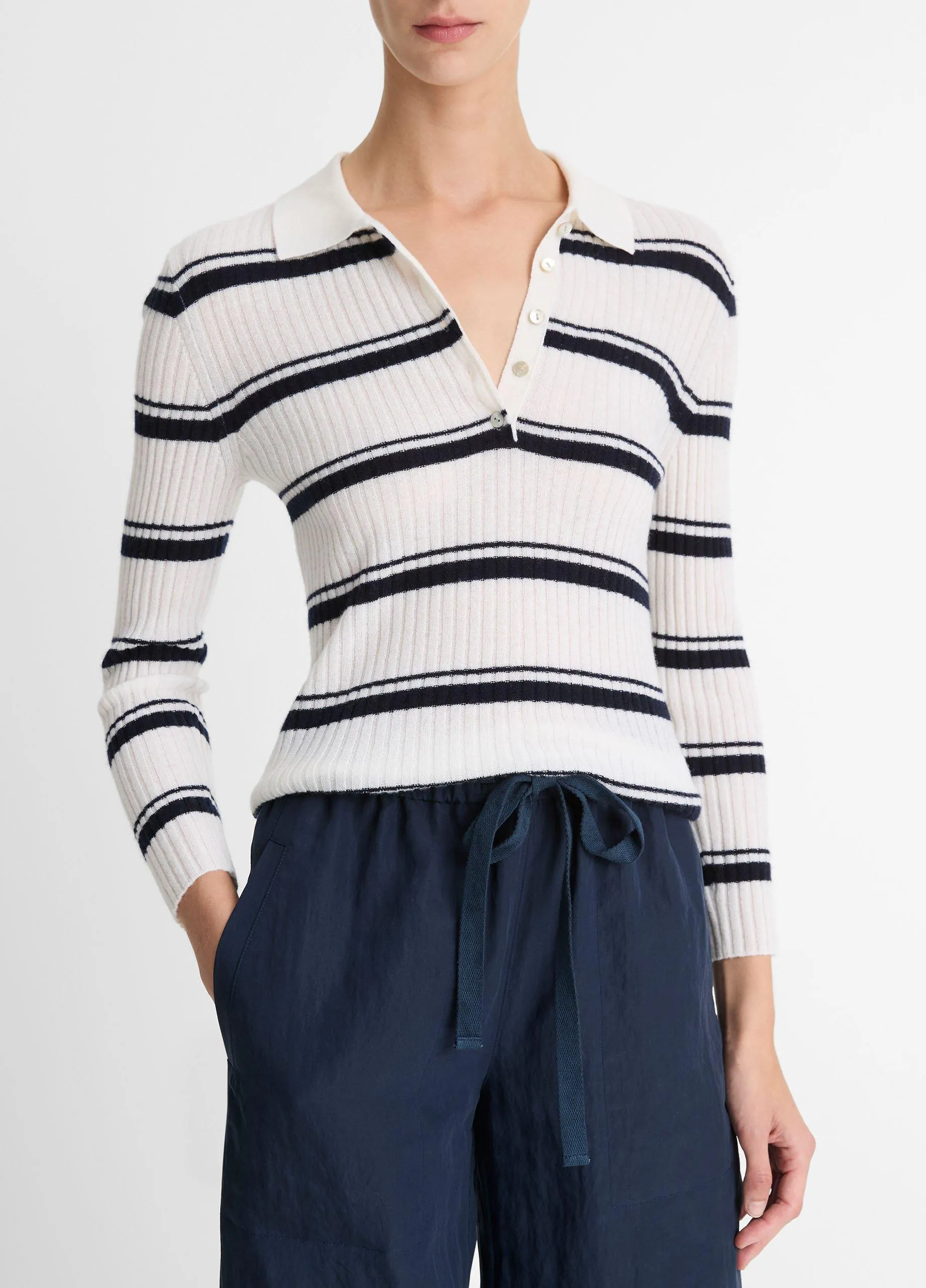 Striped Cashmere-Blend Polo Sweater