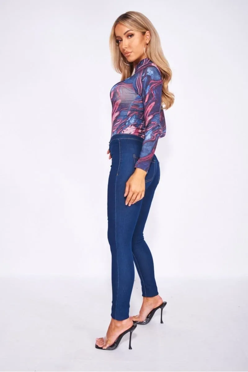 Teal Wine Marble Printed High Neck Long Sleeve Bodysuit