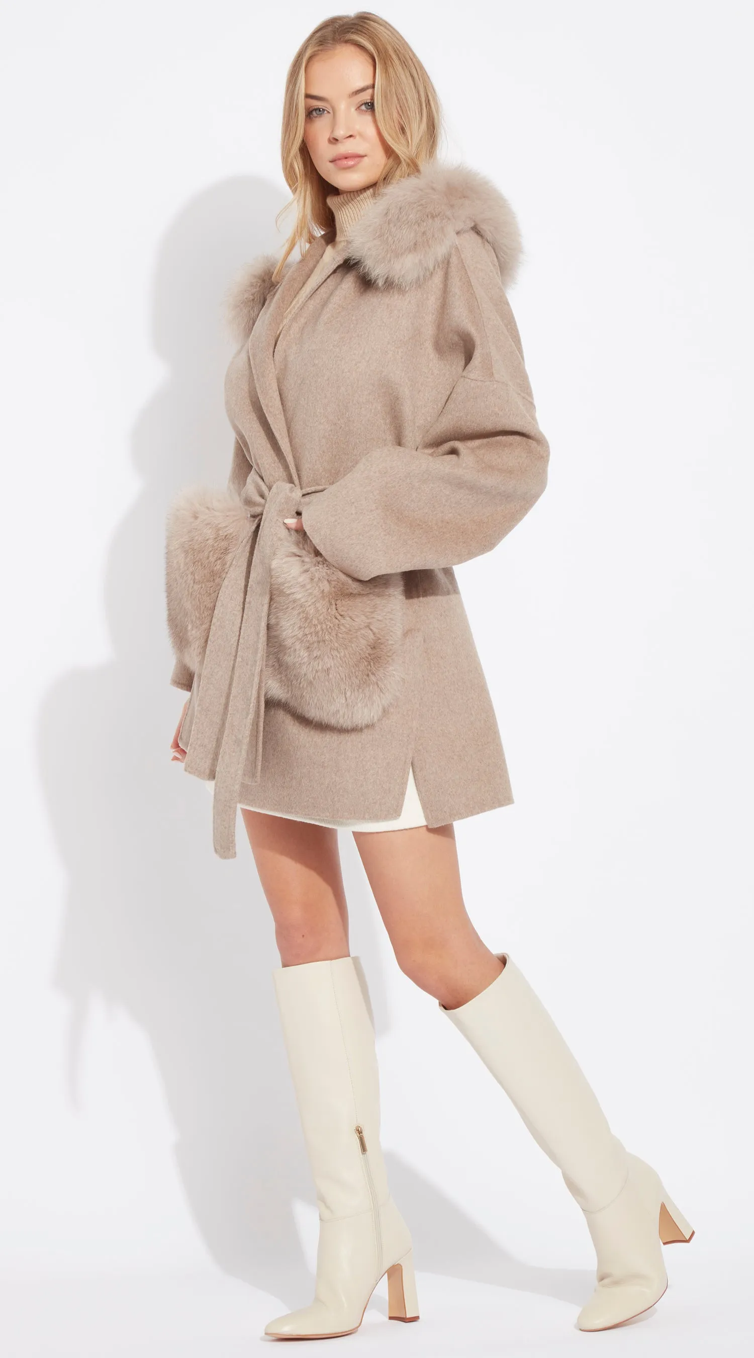 The London Cashmere & Fox Fur Hood & Pockets Belted Coat - Taupe