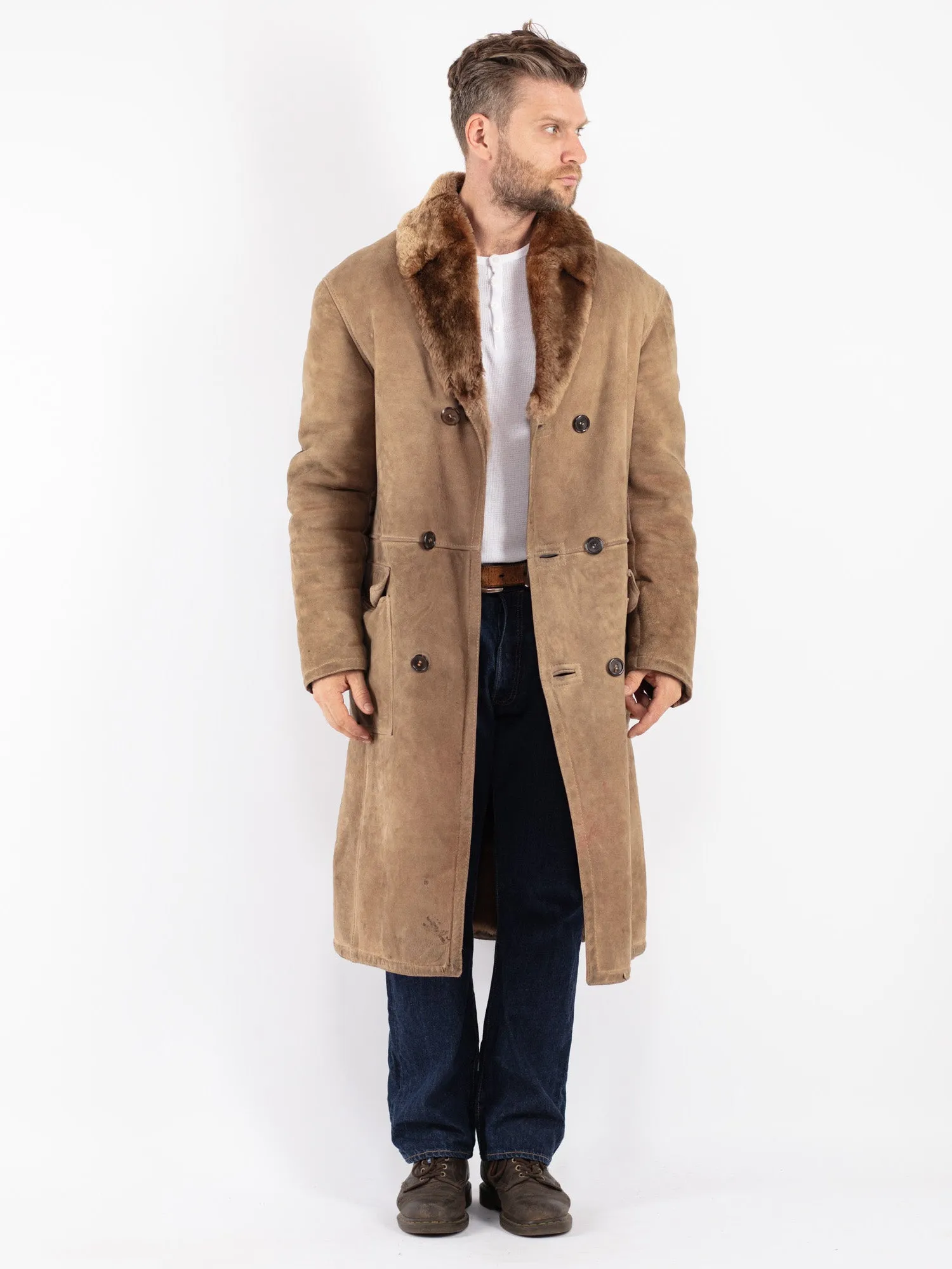 Vintage 70's Men Sheepskin Long Coat in Beige