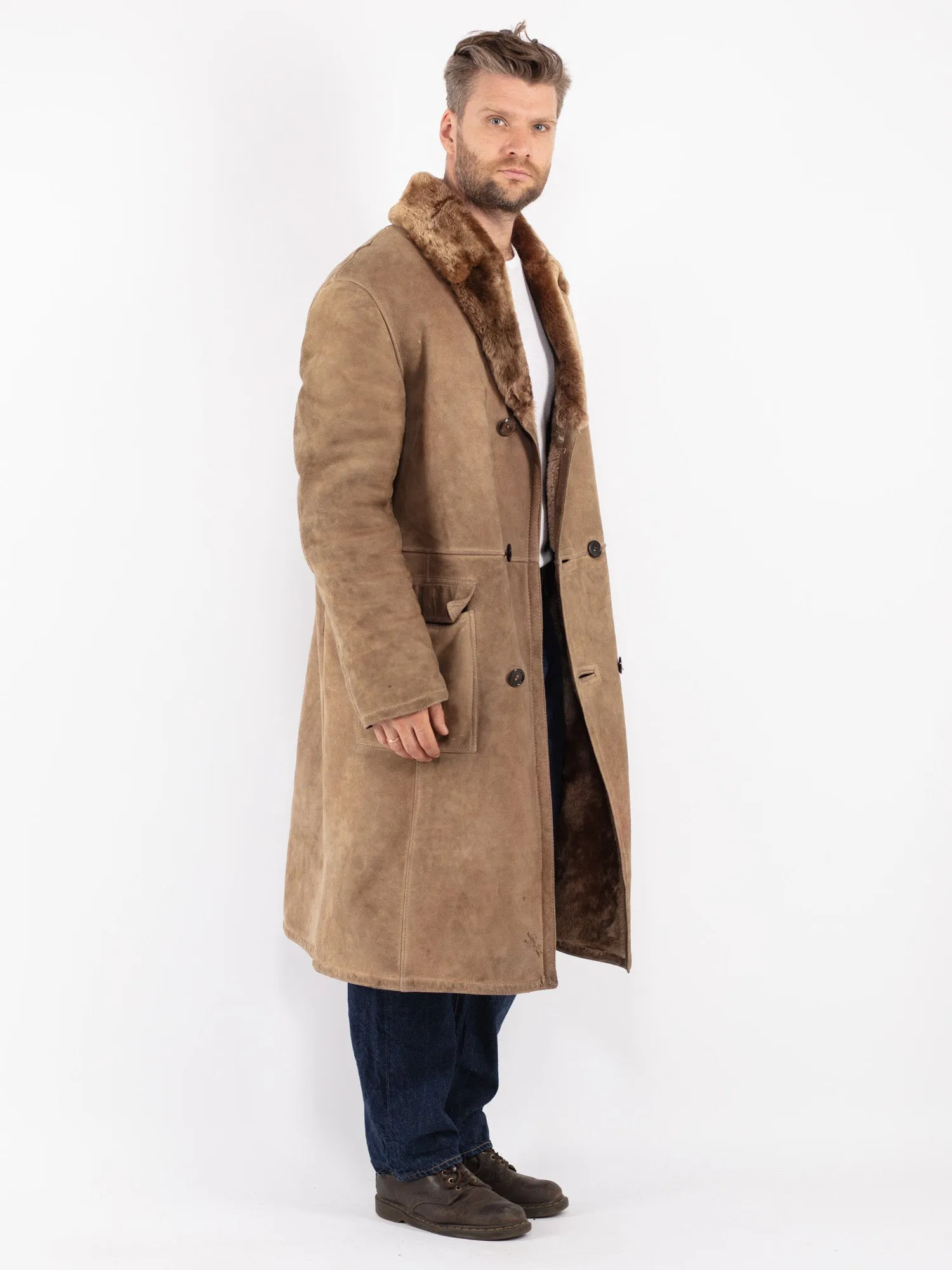 Vintage 70's Men Sheepskin Long Coat in Beige